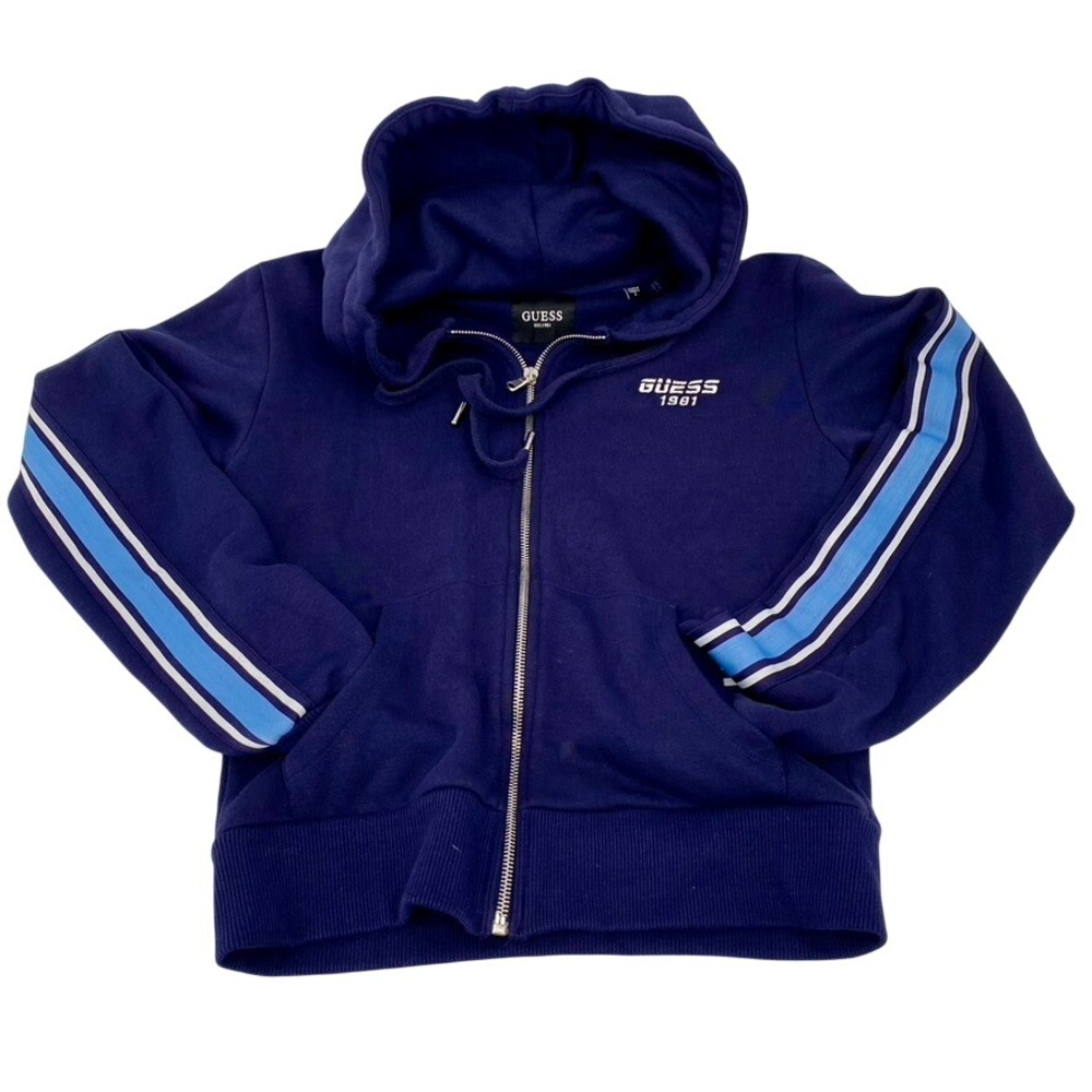 Guess EST. 1981 Full Zip Hoodie Womens Striped Sleeve Navy Blue Sweatshirt Small